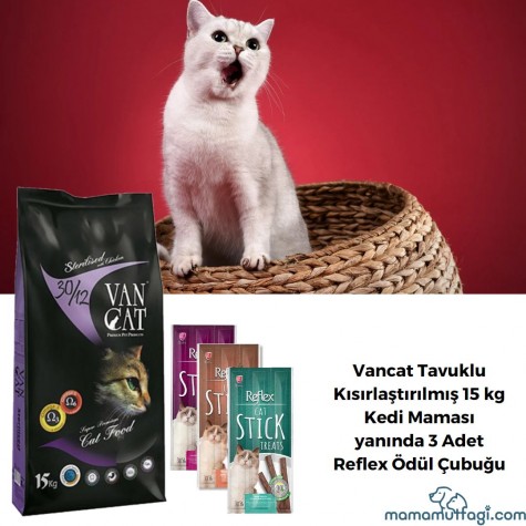 Vancat Tavuklu Kısırlaştırılmış 15 kg Kedi Maması- 3 Adet Reflex Ödül Çubuğu Hediye