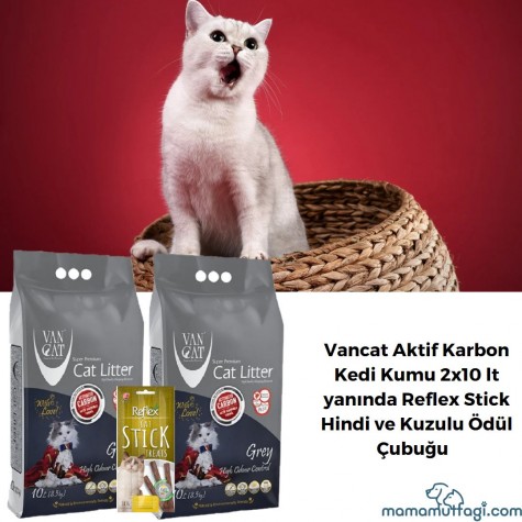 Vancat Aktif Karbon Kedi Kumu 2x10 lt-Reflex Stick Hindi ve Kuzulu Ödül Çubuğu Hediye