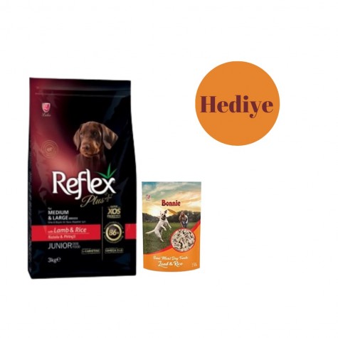 Reflex Plus Orta Büyük Irk Kuzulu Pirinçli Yavru Köpek Maması 3 Kg - Bonnie Köpek Ödül Hediyeli !